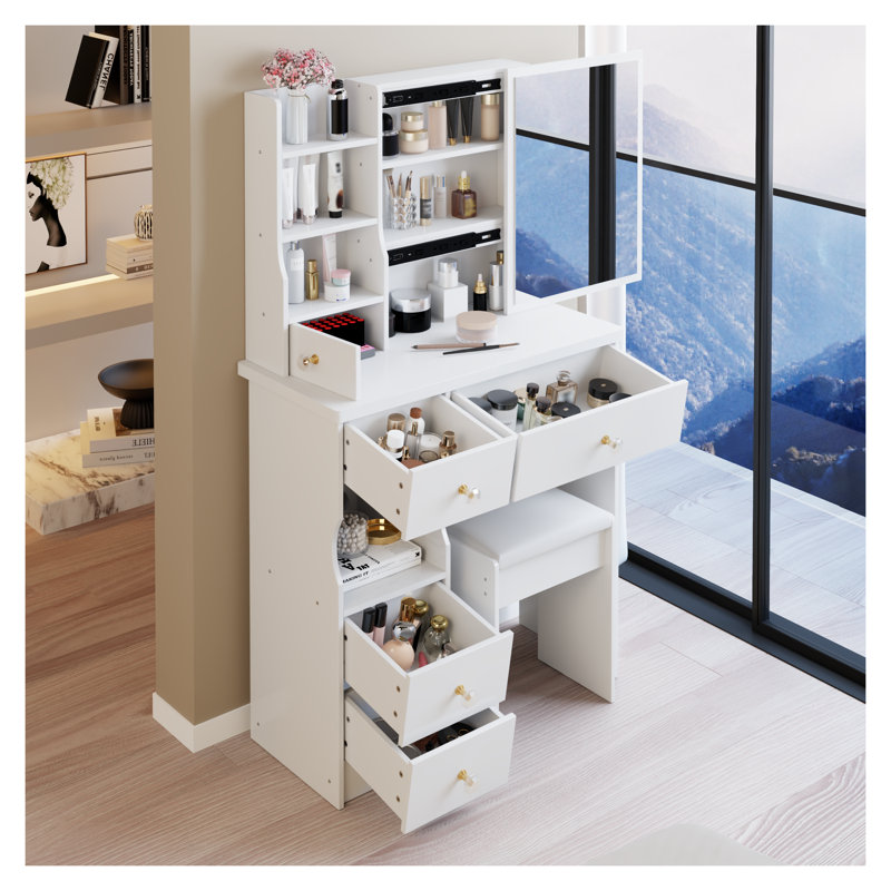 Petite coiffeuse 29,2 po avec miroir coulissant et tabouret rembourré, coiffeuse compacte blanche avec tiroir de gauche et rangement multicouche pour les petits espaces