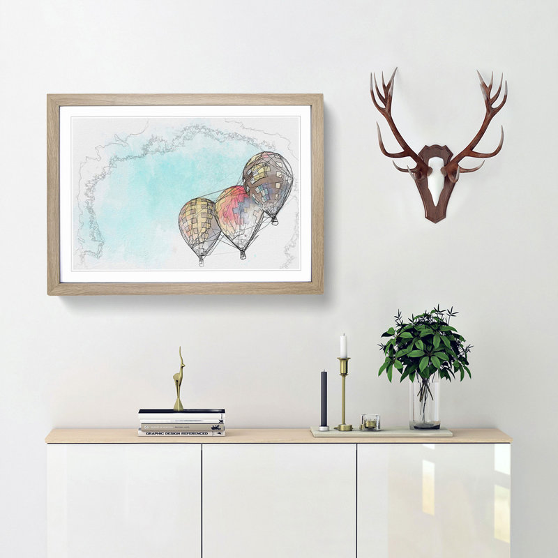 A Trio of Hot Air Balloons in Abstract - Framed Print, 62cm H x 87cm W x 2cm D, Oak Framed