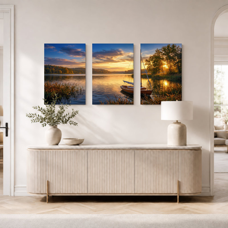 Voilier en bois sur un lac au coucher du soleil doré, ensemble de 3 toiles, H 24 po x l 16 po x 3 pièces