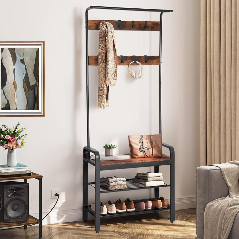 Entryway Bench with 9 Hooks, Hanging Rod & Shoe Storage Coat Rack
