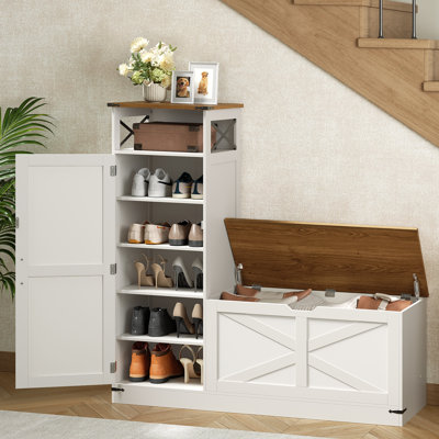 Armoire à chaussures avec banc, banc à chaussures en forme de L, banc de rangement, armoire de rangement à chaussures Farmhouse avec tablettes réglables