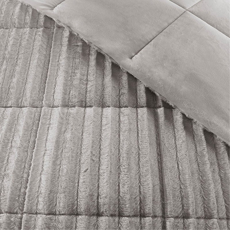 Mini ensemble d'édredon en fausse fourrure, Édredon très grand + 2 taies décoratives, Gris