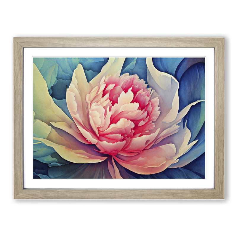 Watercolour Peony Flower - Single Picture Frame Print, 25cm H x 34cm W x 2cm D, Oak Framed