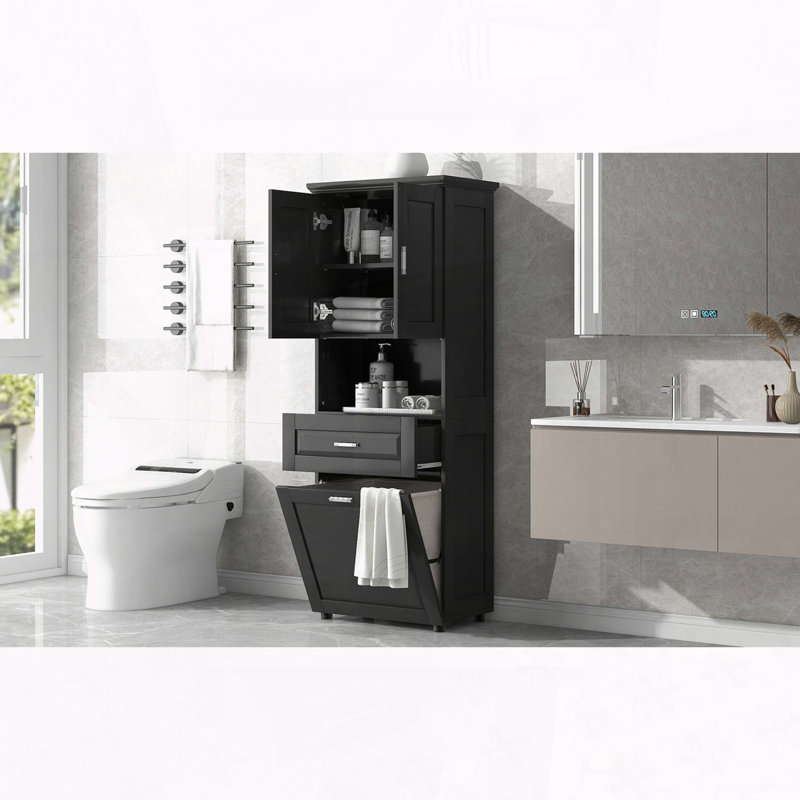 Armoire de salle de bain haute avec panier à linge inclinable, Noir