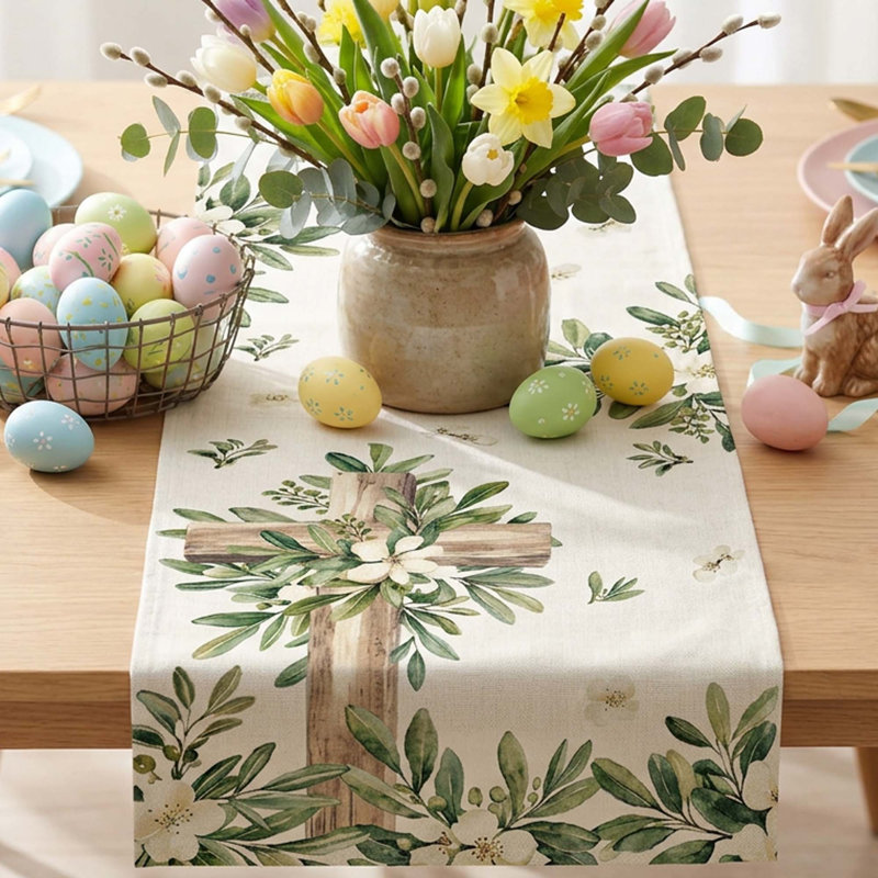 Cross Olive Leaves Spring Table Runner Polyester Durable Easy Care Home Dining Party Decor Summer Easter 1 Piece