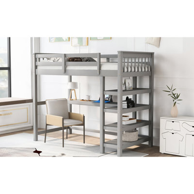 Lit mezzanine simple gris avec dessous de bureau et rangement - Fabrication en bois massif pour des tablettes confortables pour la chambre à coucher