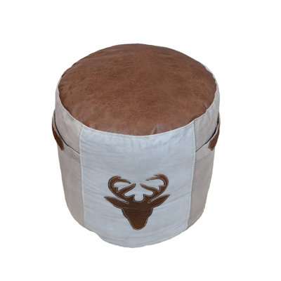 Handmade Eco-friendly Round Shaped Stuffed Canvas Leather Beige Gray Pouf 16x16x16 by Millwood Pines