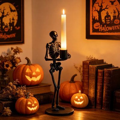 Halloween Skull Candle Resin Skeleton Head Taper Candle Stand Gothic Tabletop Decor For Spooky Party Creepy Candelabra For Drip Candles