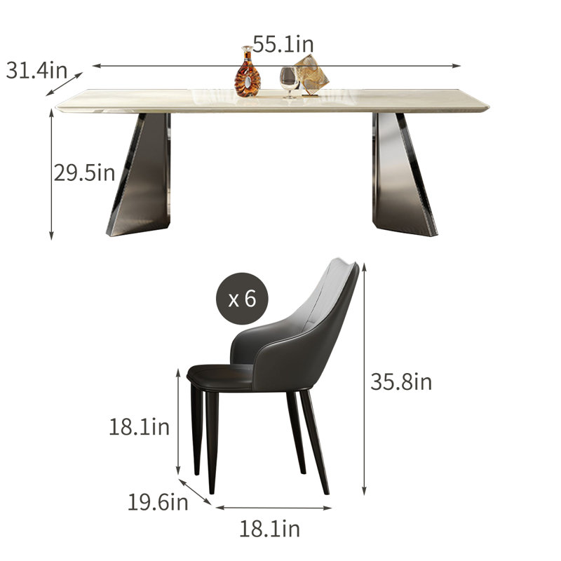 Ensemble de table de salle à manger moderne et simple en faux marbre, 7, H 29,5 po x L 55,1 po x l 31,4 po