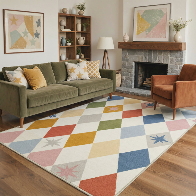 Myrtle Avenue Harlequin Geometric Machine Washable Pink / Grey / Beige / Green / Blue / Orange Indoor Area Rug with Non-Slip Backing