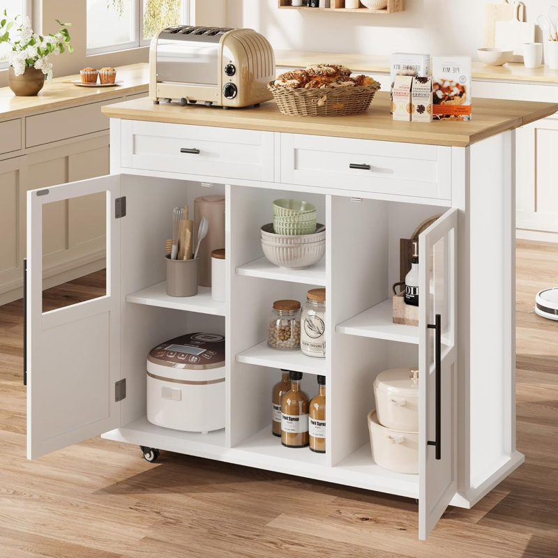 Îlot de cuisine, chariot roulant pour îlot de cuisine sur roulettes avec plateau rabattable, Blanc