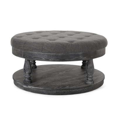 Charcoal Fabric With Button Tufting And Waffle Stitch, Turned Pine Wood Base, 39.5" X 19.46 Modern Round Stitch Accents, Fabric, Legs, 40x40x20