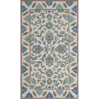 Lugano Hand-Tufted Wool Loop Pile Indoor Rug Traditional Bordered Cream Blue Green