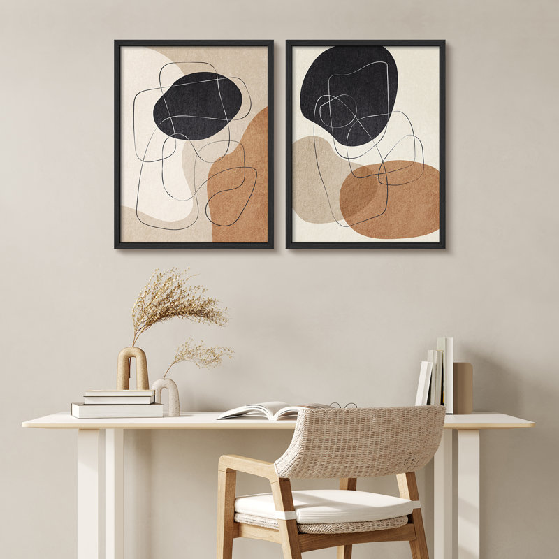 Brun clair, formes abstraites neutres, art encadré, affiches, salle de bain, petit art mural, Noir, noir, noir, noir