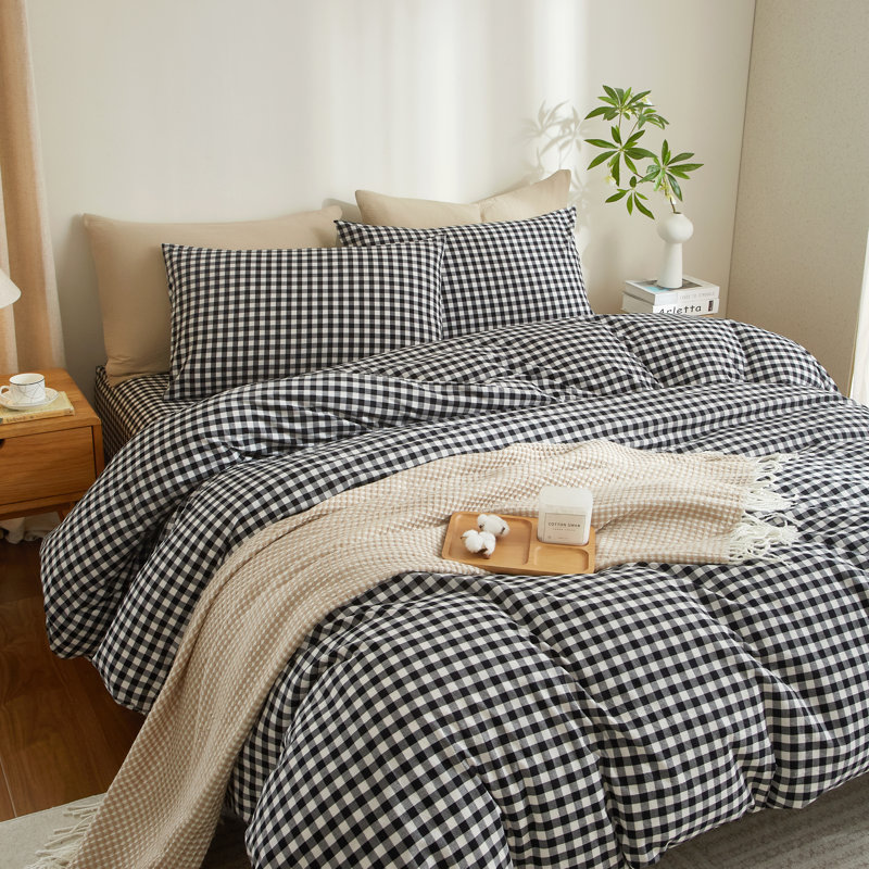 Ensemble de housse de couette en vichy 100% coton délavé à carreaux XINMIANFANG Gingham, Noir / blanc