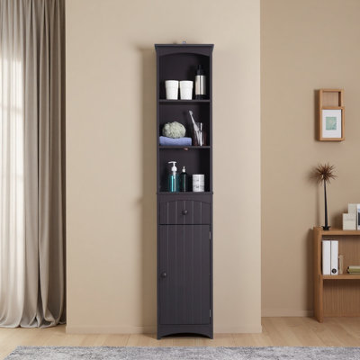 Bathroom Organization Haven: Brown Freestanding Tall Linen Tower With 3 Shelves & Drawer
