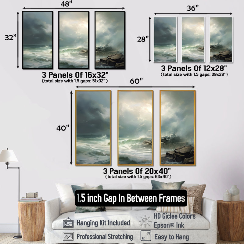 «Ocean Coastal Fury Storm» - ensemble d'art mural tempêtes, Cadre flottant noir, H 40 po x l 60 po x P 1 po