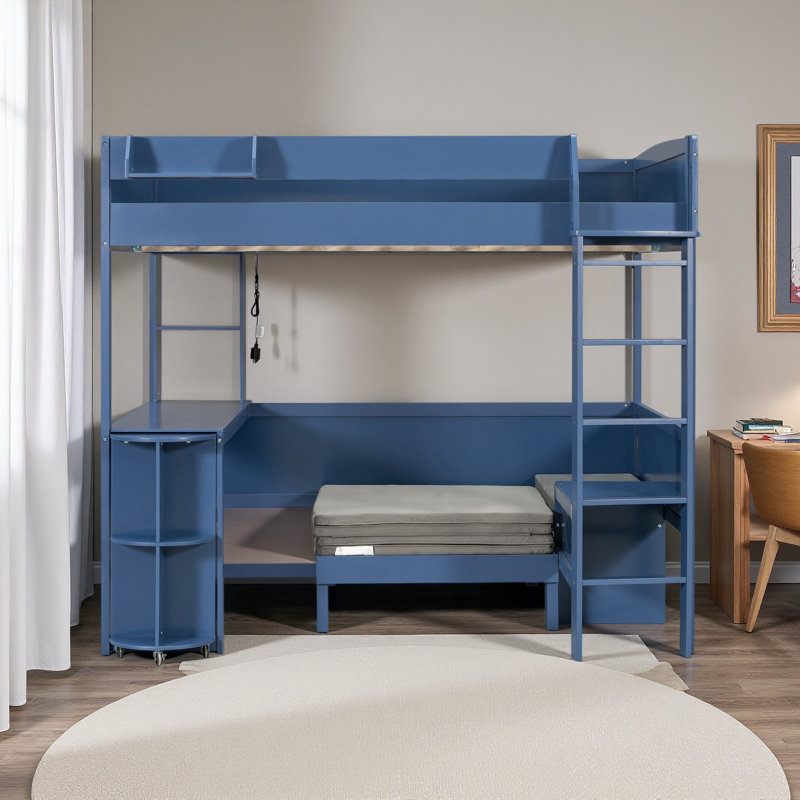 Full Size Wood Loft Bed With Desk, Bedside Storage Shelf, Navy Blue