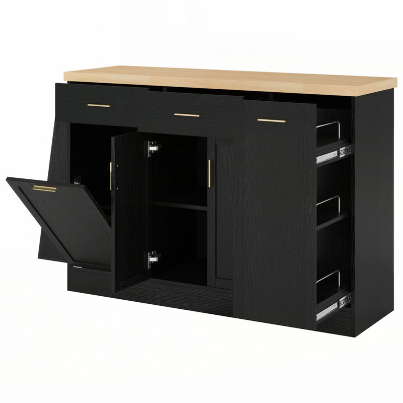 Multi-Functional Storage Sideboard Sliding Door Cabinet with 3-Tier Spice Rack, Black