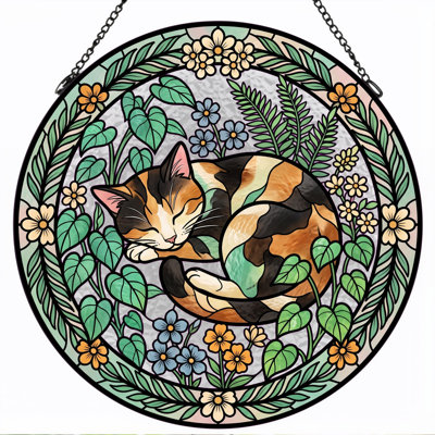 Sleeping Cat Stained Glass Window Panel，7.8H
