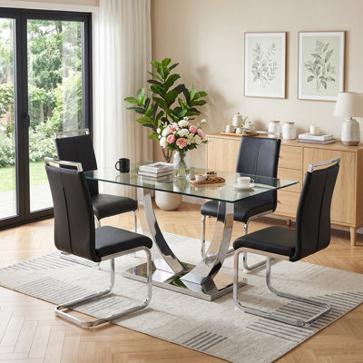Joniya Modern 63" Rectangular Tempered Glass Dining Set Metal U Base Table with Faux Leather Cantilever Chairs