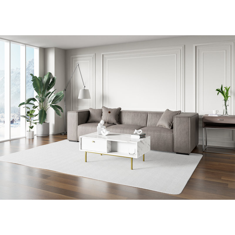 Coffee Table Ketan with Storage Space, White Marble Gloss