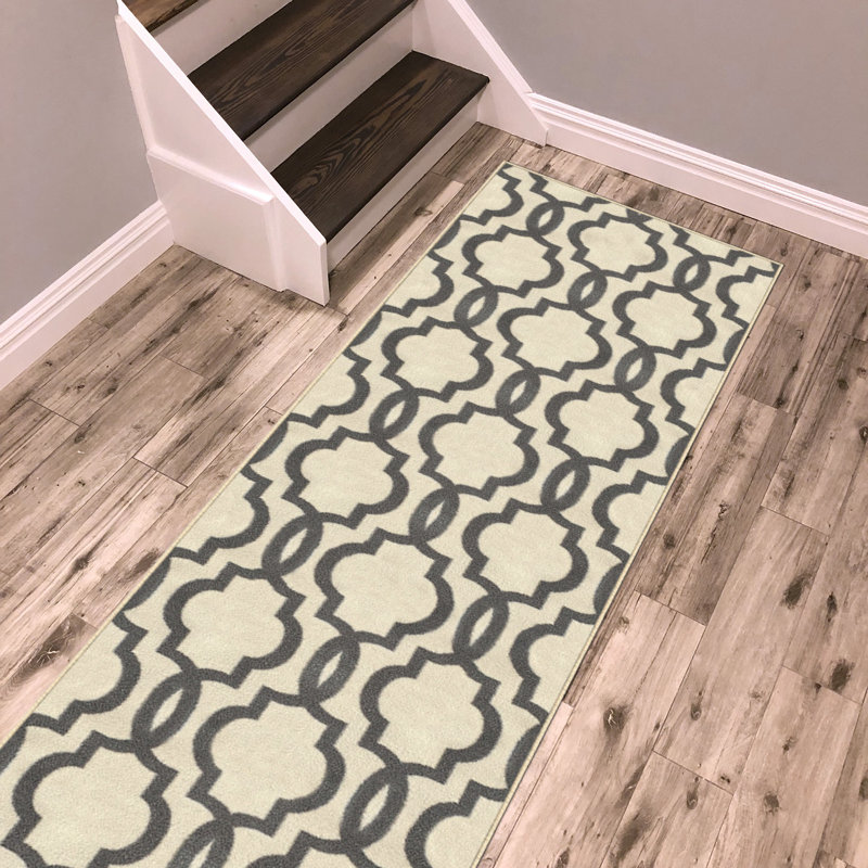 Tapis rayé ivoire / gris Blytheville, Tapis de couloir : 1 pi 10 po x 25 pi