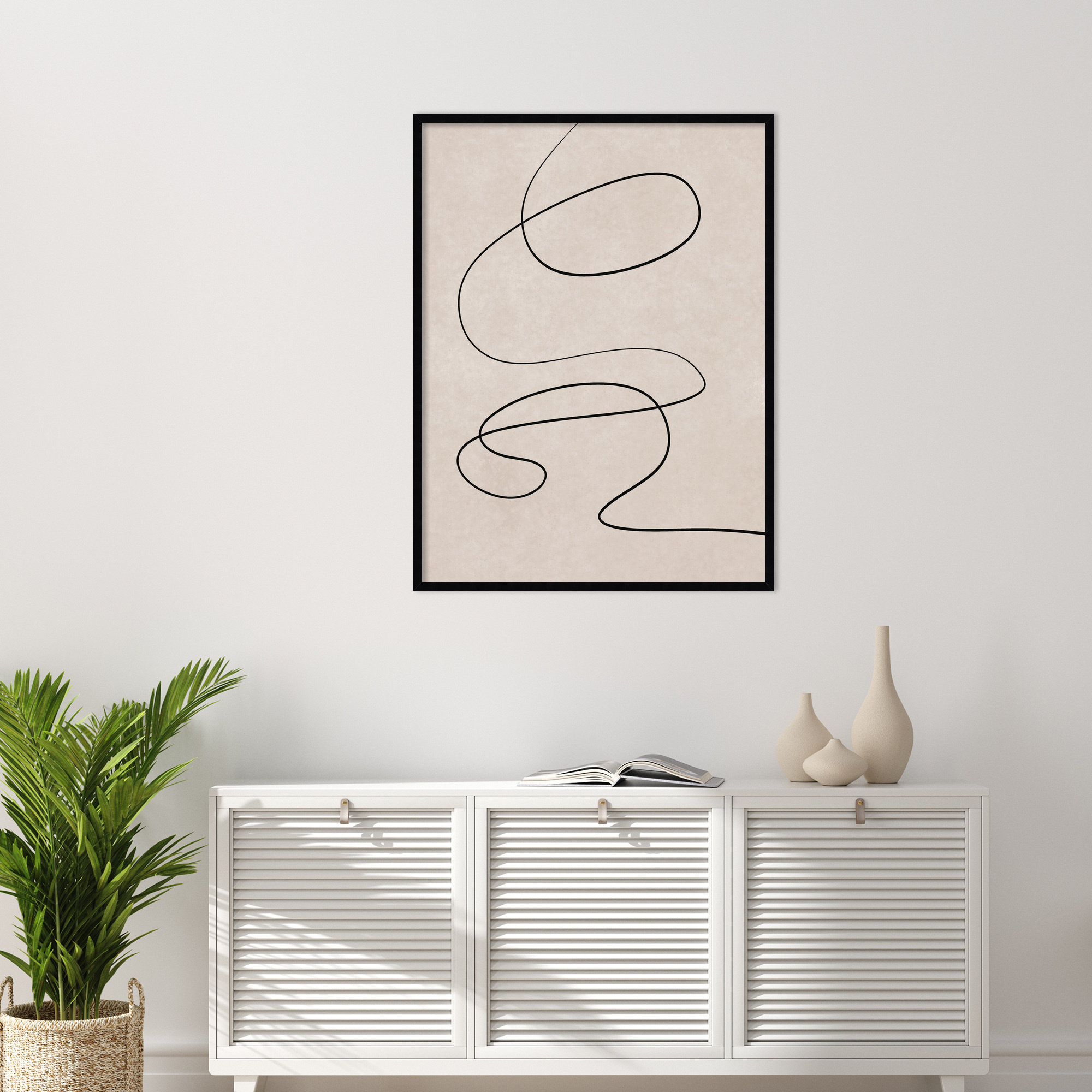 Black Line and Textured Beige Background by Little Dean Wood Framed Wall Art Print, 41" H x 31" W, Black
