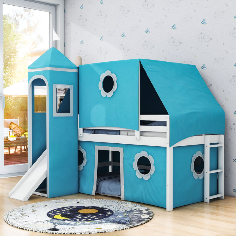 Harper Orchard Britni Kids Wooden Bunk Bed with Slide, Tent and