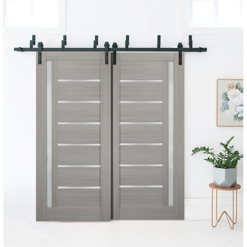 Grey Ash Pine Barn Door with Frosted Glass Panels, 32 x 84 Inches