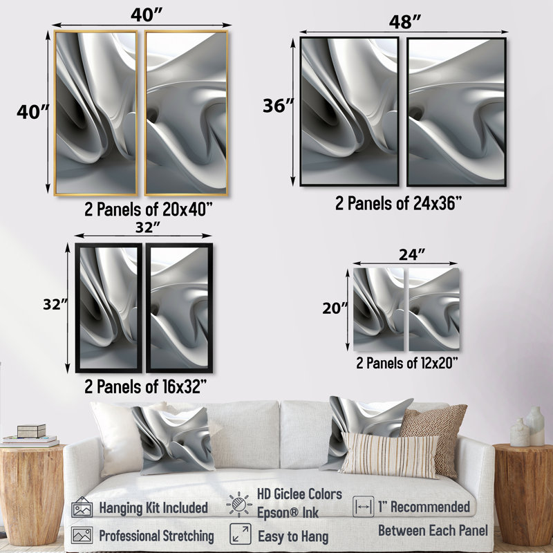 «White Black Contemplative Abstraction - Abstract Modern Waves», impression sur toile abstraite blanche, 2 pièces