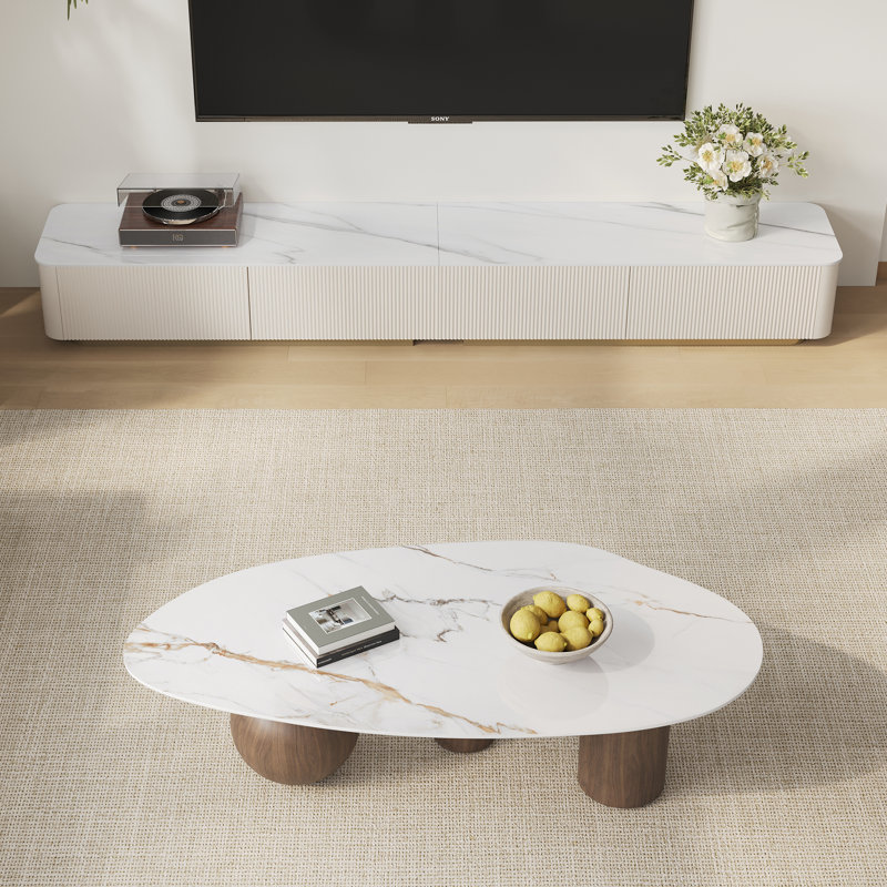 94.5 "beige Tv Stand, 54.3" Oval Coffee Table Set, White Imitation Marble Countertop Media Console, Gold Base, Modern Living Room Furniture Set, Suitable For Large Space Use