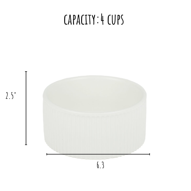 Jardin Ceramic Ribbed Effect Pet Bowl Set, 2.5", White