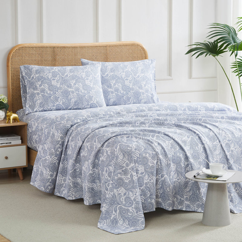 Ensemble de draps South Melody Linens Pure, Très grand, Blanc / bleu, Paisley