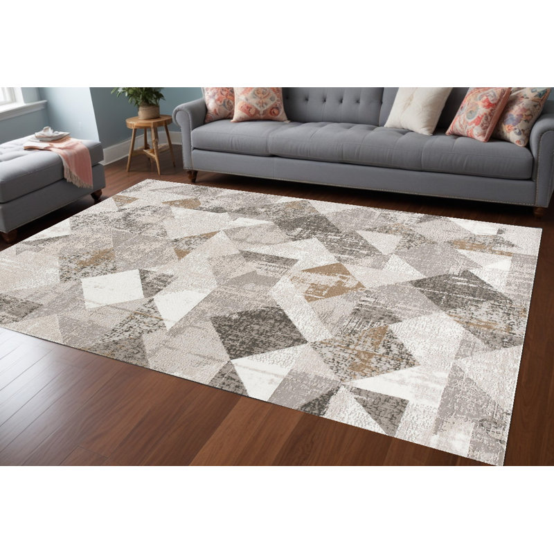 Tapis gris et ivoire tissé à la machine 8 pi x 11 pi Azrah, Rectangle 7 pi x 10 pi