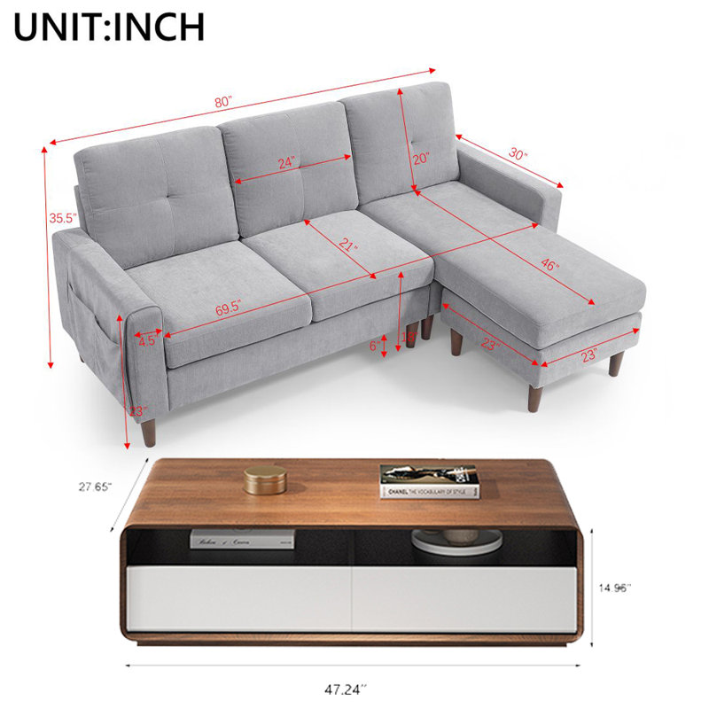 Upholstered 80 " Chenille L-Shaped Sofa & Chaise with Ottoman