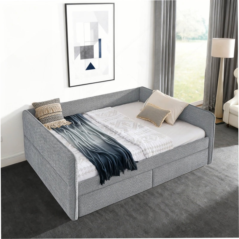Canapé-lit capitonné avec deux tiroirs, grand lit de jour, tissu Boucle, gris (88 po x 65,5 po x 29,5 po), gris