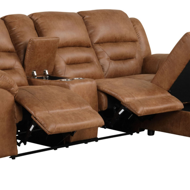 Contemporary Saddle Brown Leatherette 2pc Sectional Sofa Set Console Cup Holder Chaise Storage Recliners Adjustable Back Rest Living Room