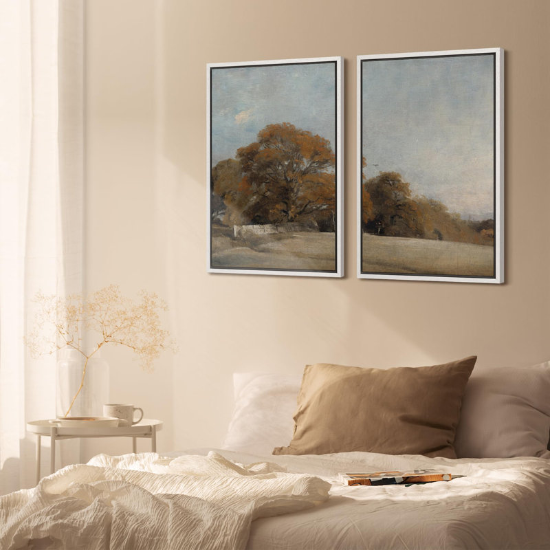 Rustic Countryside " Autumnal Oak Majesty Rustic Landscape " 2 - Pieces, White, 24" H x 32" W