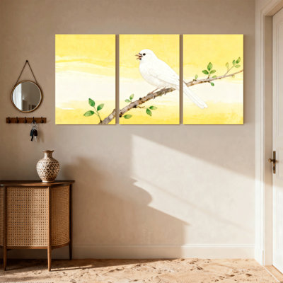Oiseaux oiseaux blancs sur une branche avec fond jaune, ensemble de 3 impressions d'art sur toile