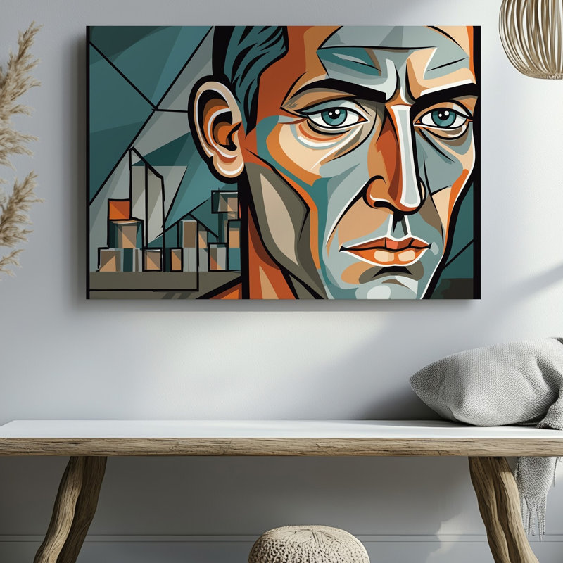 Toile, un frappant portrait cubiste d'un visage humain composé d'art mural formes géométriques angulaires et lignes audacieuses rendues dans une palette