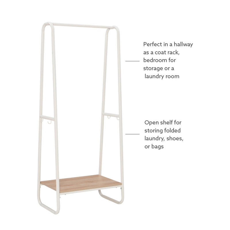 Metal Clothing Rack Tall  With Wooden Shelf Pewter, White