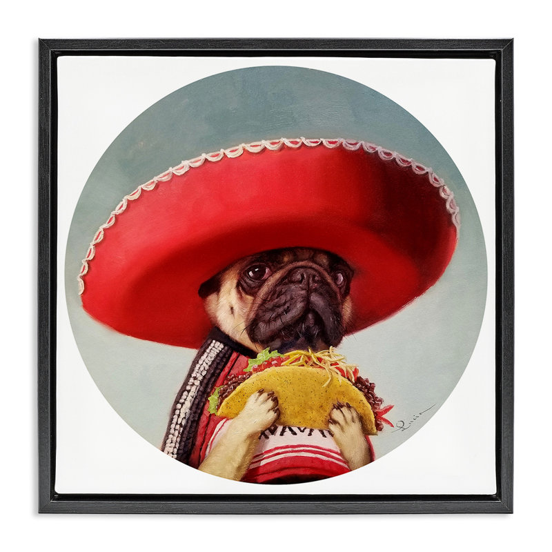 «Pug in Sombrero» par Lucia Heffernan, Cadre flottant noir de jais, H 25 po x l 25 po