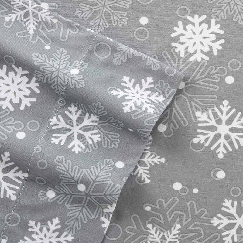 Micro Flannel® Printed Deep-Pocket Sheet Set, California King Sheet Set with 2 Pillowcases, Snowflakes Gray