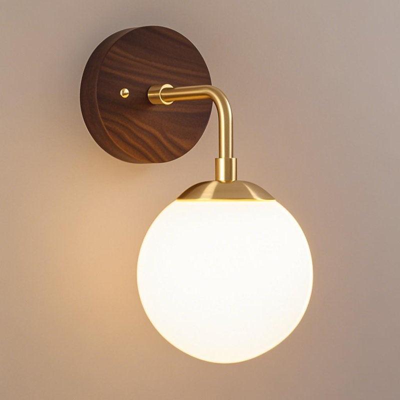 Lampe murale en porte-à-faux sphérique couleur cuivre avec base noyer