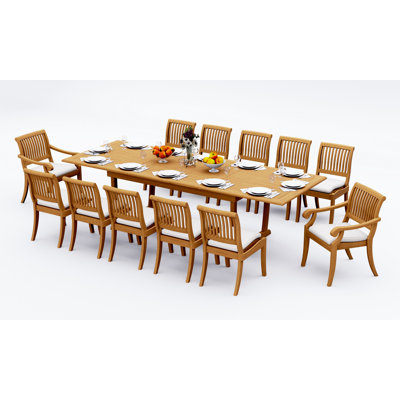 8 Seats 9 Pcs Grade-A Teak Wood Dining Set: 118" Double Extension Mas Rectangle Trestle Leg Table And 8 Arbor Stacking Chairs (2 Arm & 6 Armless Chairs) #11AB2502