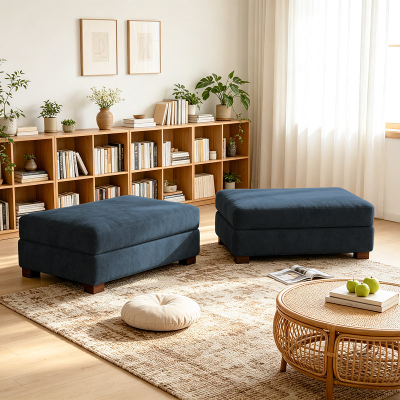 Upholstered Blue Chenille Rectangle Ottoman, Modular Part For Sectional Sofa, Blue