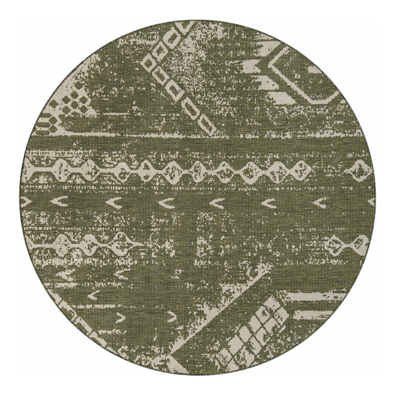Braeleigh Geometric Machine Woven Rectangle 9'10" x 13' Polypropylene Indoor / Outdoor Area Rug in Green/Ivory, Round 10'8"