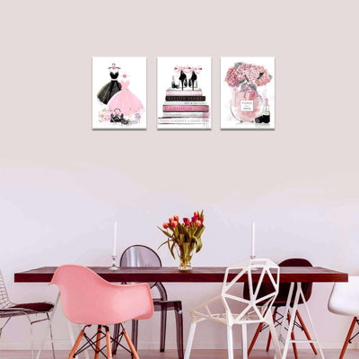 Bedroom Decor For Women Pink Fashion Watercolor Book Bag Perfume Paris Pictures Wall Decor 3 Pieces Bathroom Wall Art Bathroom Artwork For Home Walls Canvas Art Wall Decor For Girls 12X16inchesx3pcs