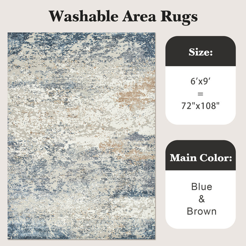 Washable Rug, Anti-Slip Abstract Area Rug, Stain Resistant Rugs for Living Room(Blue), Rectangle 6' x 9'